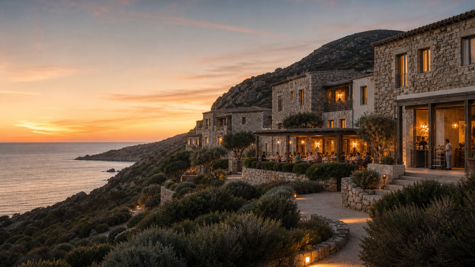 Hotel indipendente in pietra con terrazze affacciate sul mare della Sardegna al tramonto