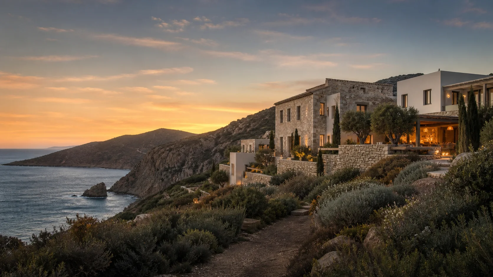 Natursteinhotel an Sardiniens Westküste in der Abendsonne